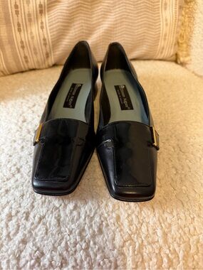 Etienne Aigner Black Patent Square-Toe Loafers with Gold Accent (Jacks)